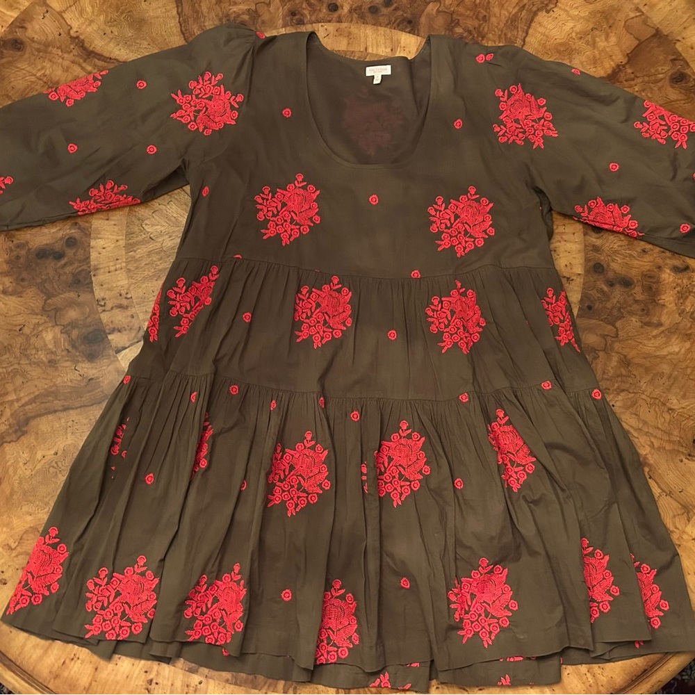 Pink Chickeb Brown Dress with Red Embroidery